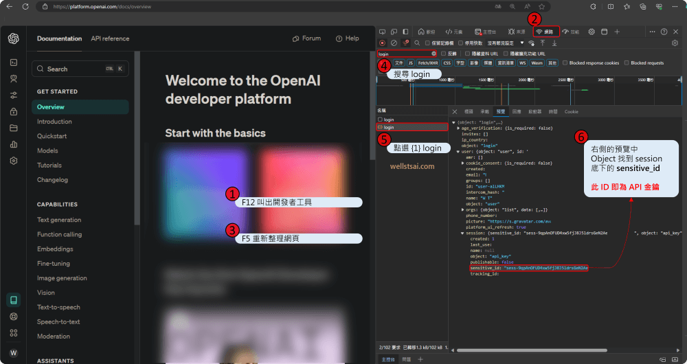 在開發者工具底下找到 login，裡面包含 session key