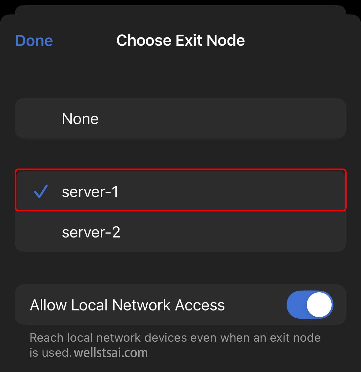 Select exit node on mobile