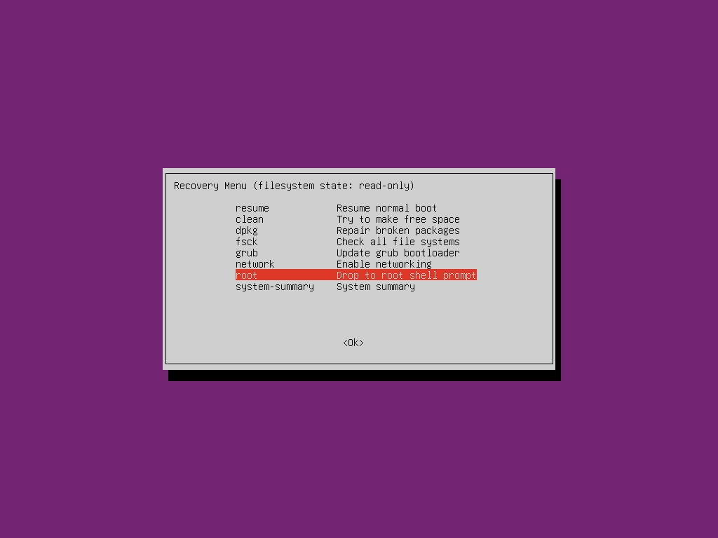 選擇「root - Drop to root shell prompt」以進入 root 權限的 bash 終端機
