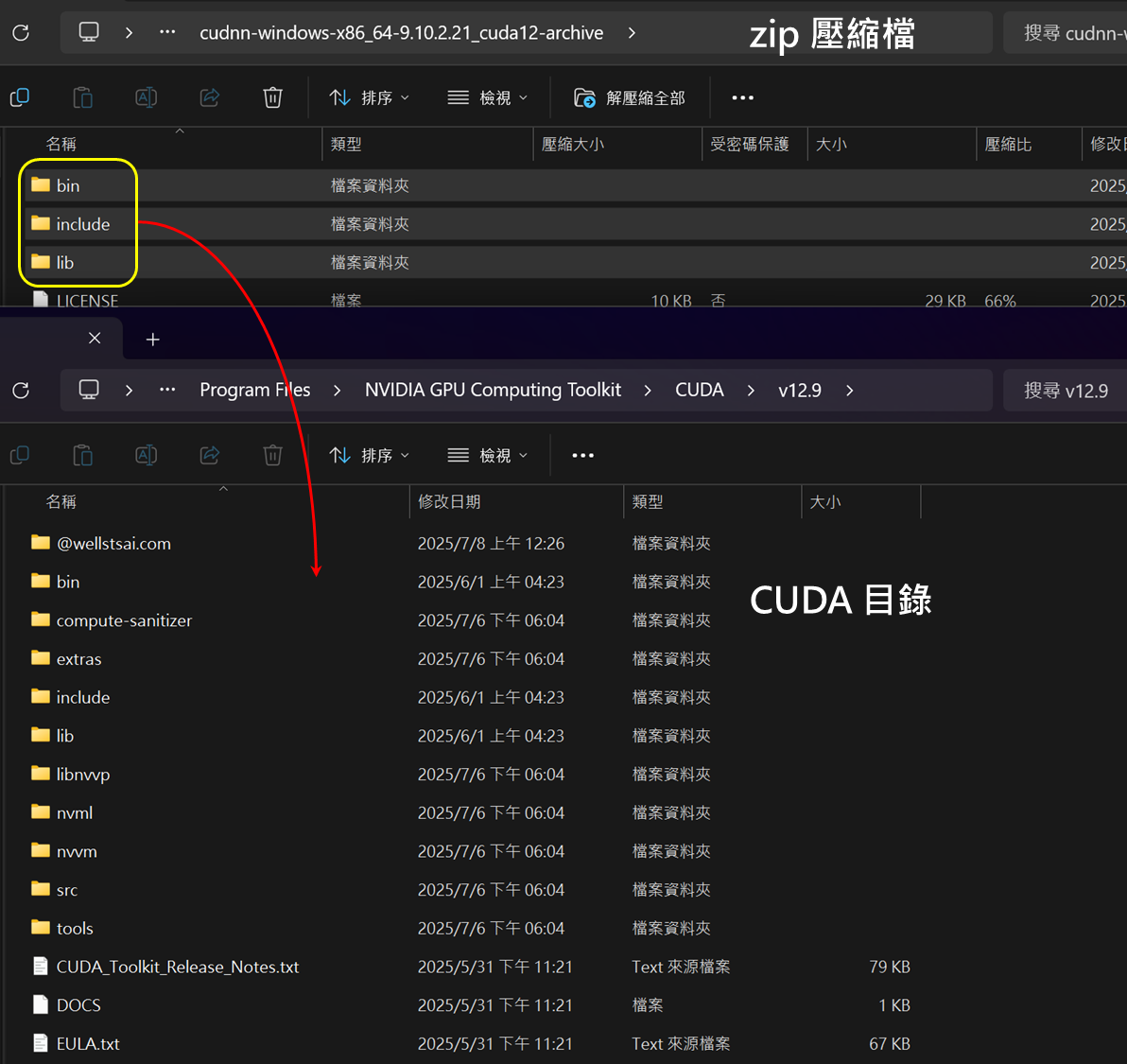 將 zip 內的 bin, include, lib 複製到 CUDA 目錄中